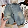 Boys Fleece Jeans Autumn Winter Collection Children's Plush Thick Pants Baby One Piece Warm Pants