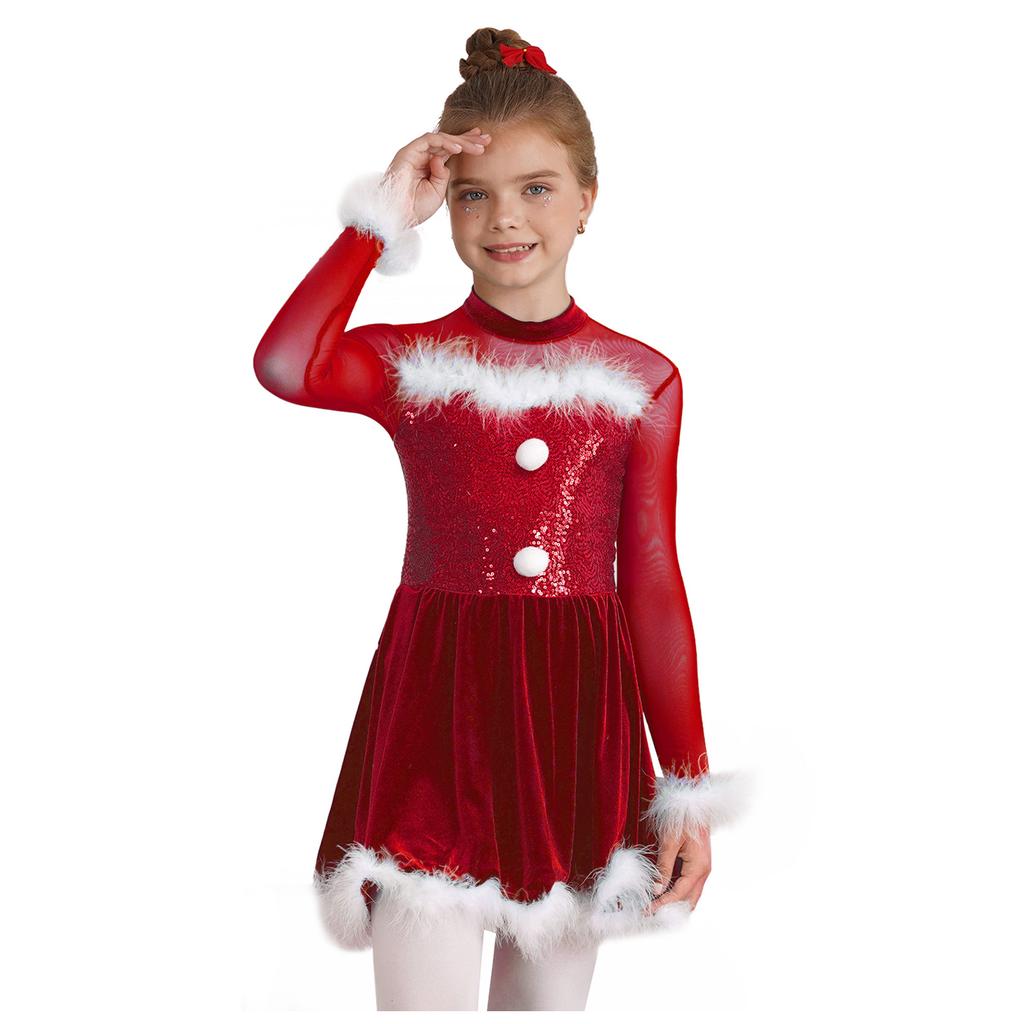 Girls Christmas Shiny Sequin Dance Dress Long Sleeve Feather Keyhole Back Jumpsuit Dress Performance Costume