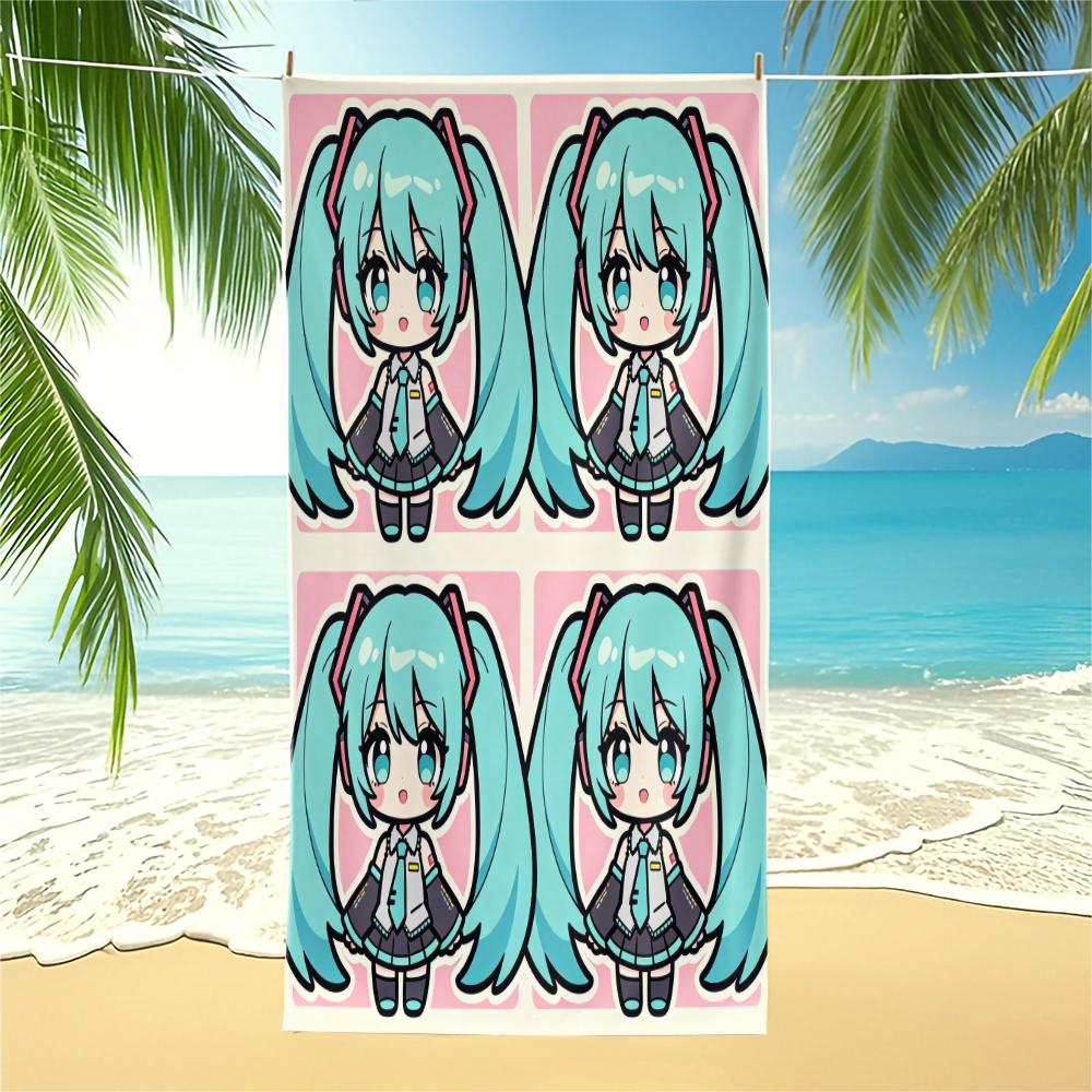 Cute Chibi Hatsune Miku Beach Towel HD Print Pool Towel Camping Bath Towel Blanket Lightweight Absorbent for Teens Beach Pool