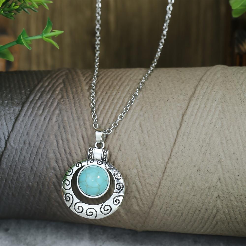 Винтажный набор украшений с гравировкой на металлической поверхности, инкрустированный синтетическим бирюзовым камнем, подходит для повседневного ношения и в качестве аксессуаров для вечеринки