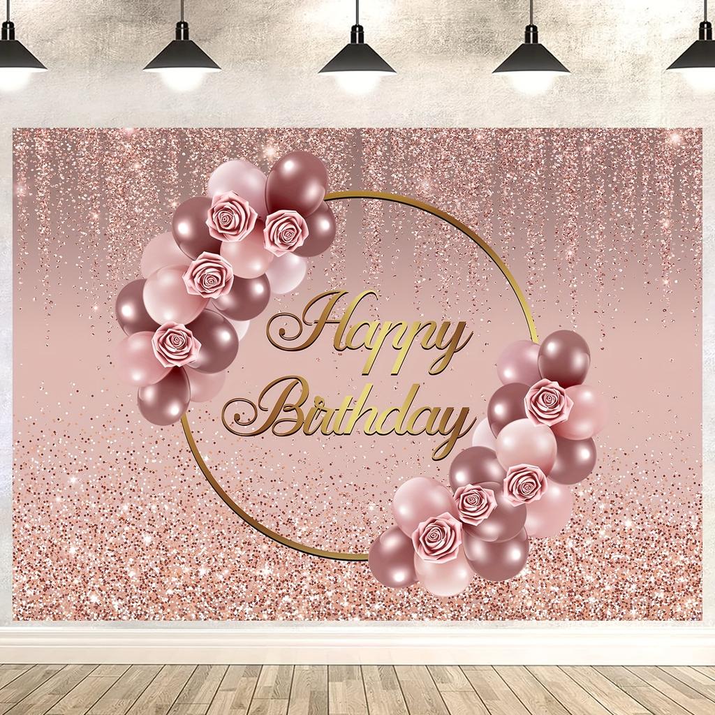 Rose Gold Happy Birthday Background Pink Rose Gold Flower Balloon Rose Gold Scattered Photography Background