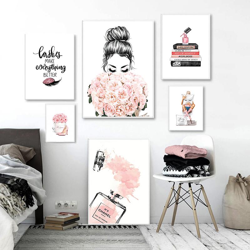 Fashion Poster Flowers Women Perfume Wall Art Canvas Painting Nordic Print Lashes Lips Books Picture Modern Salon Beauty Decor