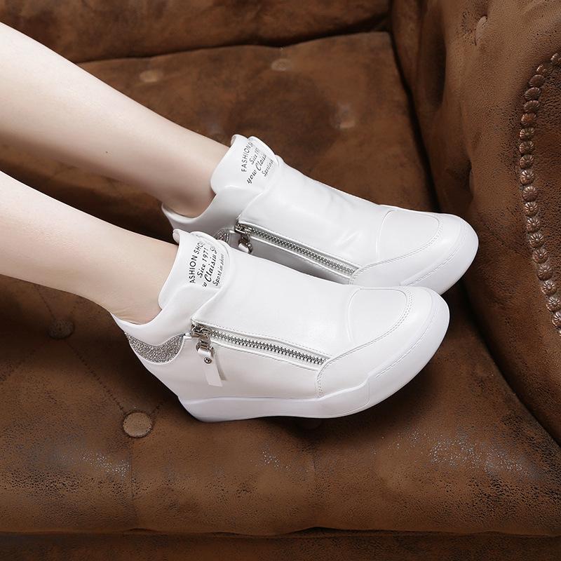 Fashion Plus Size 42 Women Wedge Sneakers Side Zipper PU Leather Casual Flat Shoes Sequins Thick Bottom White Shoes Internal Heighten
