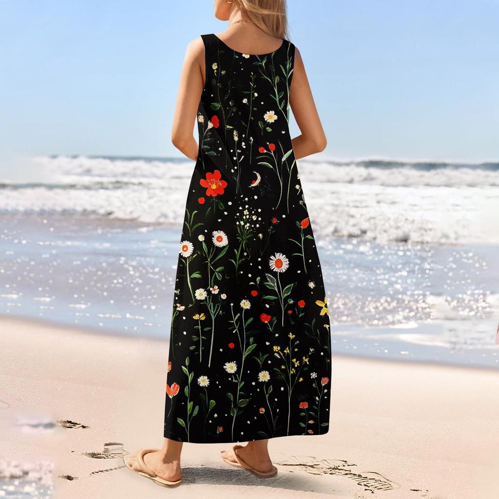 Women's Casual Long-length Sundress Summer Beach Dress Round Neck Sleeveless Loose Sundress