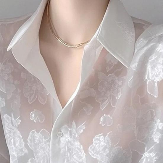 Women Shirt Lapel Long Sleeve See-through Flower Pattern Shirt Tops Single Breasted Thin Sun Protection Casual Shirt