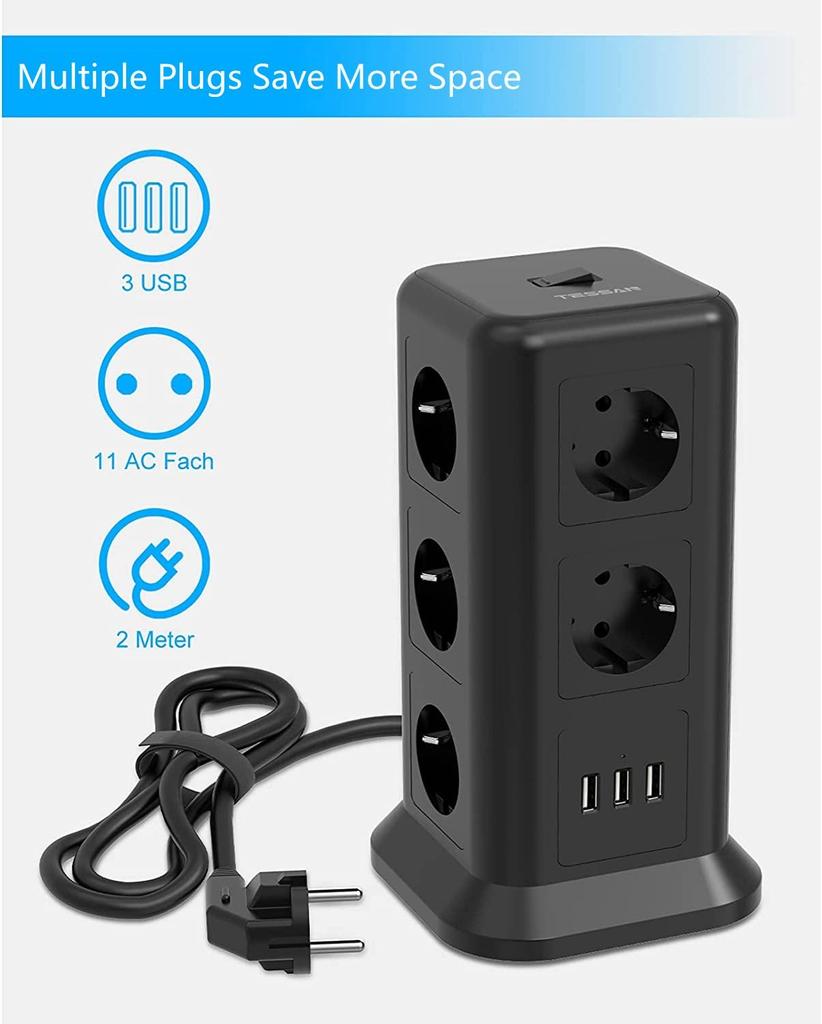 Tessan Удлинитель с несколькими розетками, 11-контактная башня с розетками (2500 Вт/10 А) с 3 USB-портами (5 В/3,1 А) и кабель 2,0 м для дома и офиса