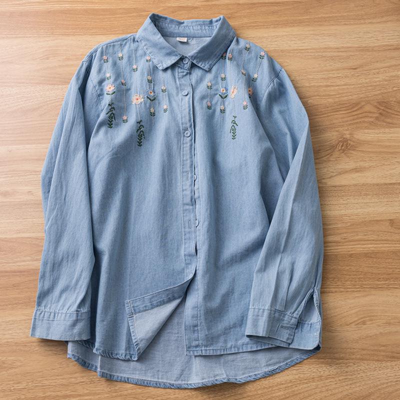 Женская ретро джинсовая рубашка с вышивкой в стиле мультфильмов - Хлопок, с длинным рукавом, повседневный топ на весну/осень 2025