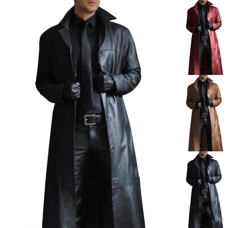 Streetwear Men Trench Fashion Long Windbreaker Coat Slim Fit PU Windproof Jacket Steampunk Outwear Oversized