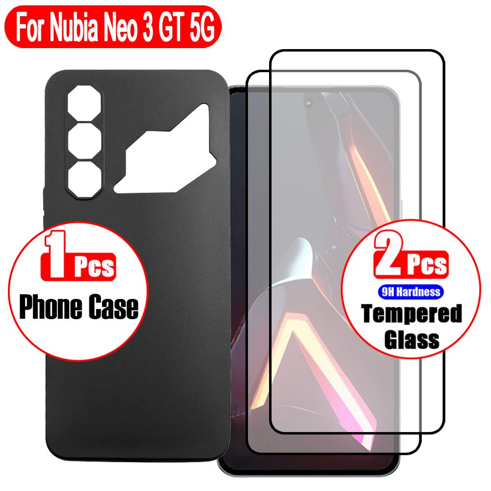 Funda for ZTE Nubia Neo 3 GT 5G, 3 In 1 Set (1 Pcs Phone Case + 2 Pcs Screen Protectors) Black Edge Printing Film, Anti-Fingerpr
