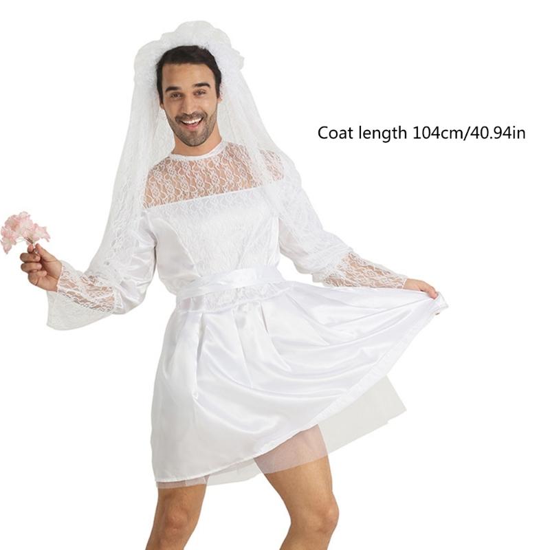 Mens Bride Drag Queens Groom Costume Funny Comedy Costume Outfits Bridal Veil White Wedding Dress with Belt for Man