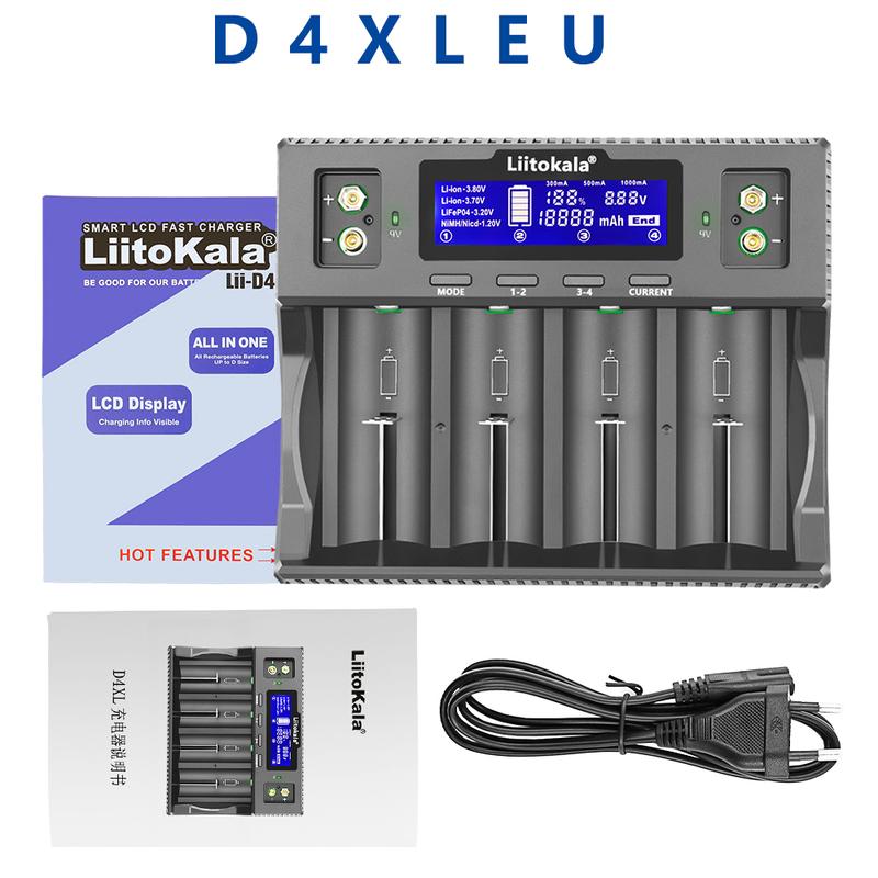 Умное зарядное устройство LiitoKala Lii-D4XL, совместимое с аккумуляторами 3,7 В Li-ion, 3,2 В LiFePO4, 1,2 В NiMH/Cd AA AAA 9 В