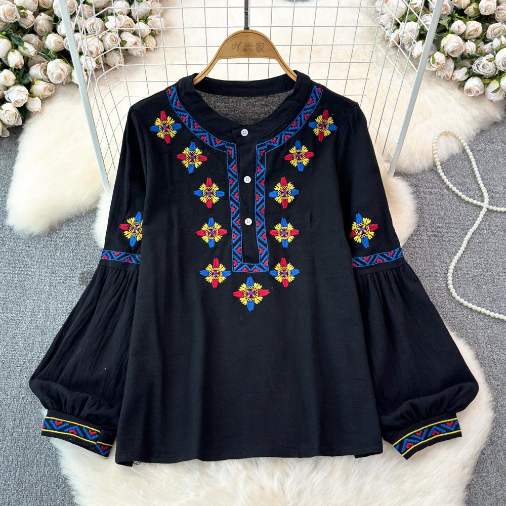 Женская блузка в этническом стиле с круглым вырезом и вышитыми рукавами-фонариками в стиле ретро, летние женские топы с цветными блоками