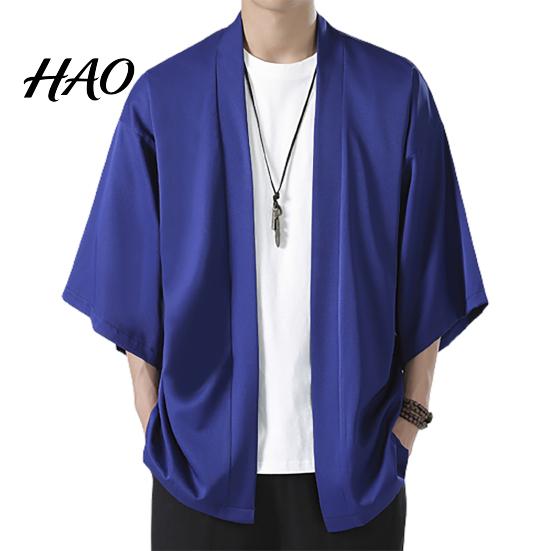 Shirt Coat Men Kimono Japanese Style Solid Color Samurai Costume Regular Fit Asian Clothes Three Quarter Cardigan Jacket Top