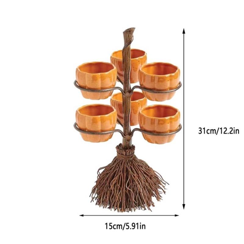 Pumpkin Halloween Snack Bowl Stand Broom Candy Holder Party Serving Fruit Salad