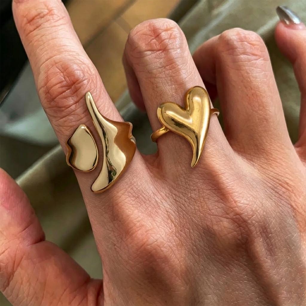 Y2K Heart Glossy Metal Open Ring for Women Simple Irregular Geometric Finger Ring Vintage Punk Style Jewelry Accessories Gift