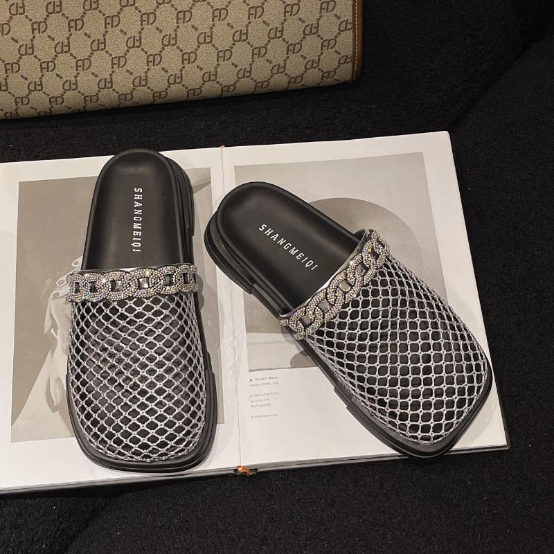 Летние модные новые тапочки Baotou со стразами, квадратная головка, большие сетчатые дышащие плоские сандалии, ленивые нескользящие полутапочки