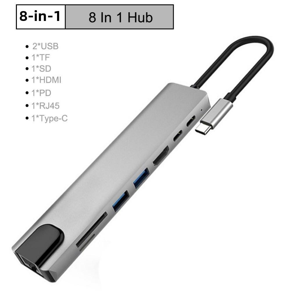 8-в-1 USB C-концентратор с портом Ethernet, многопортовый адаптер типа C, док-станция для ноутбука