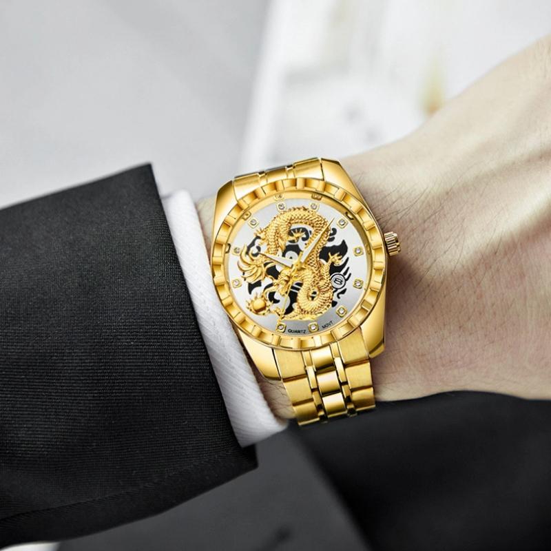 WLISTH Мужские часы с тисненым золотым драконом, водонепроницаемые, инкрустированные бриллиантами, мужские, модные, для среднего и пожилого возраста, часы