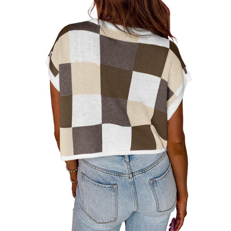 Вязаный клетчатый свитер с круглым вырезом и короткими рукавами, женский короткий топ с высокой талией и открытым пупком, повседневный трикотаж