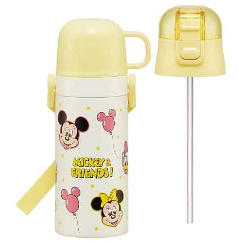 Skater Children's Water Bottle, 2-Way, Straw/Cup/400ml Capacity, Disney Mickey & Friends Balloon Design, Stainless Steel, Lightweight, Insulated, Smal