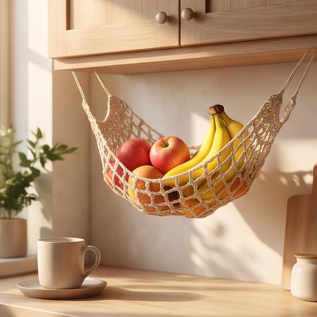 Large Macrame Fruit Hammock for Kitchen Under Cabinet Hanging Fruit Basket with 4 Hooks Handwoven Cotton Storage Net That Saves Counter Space