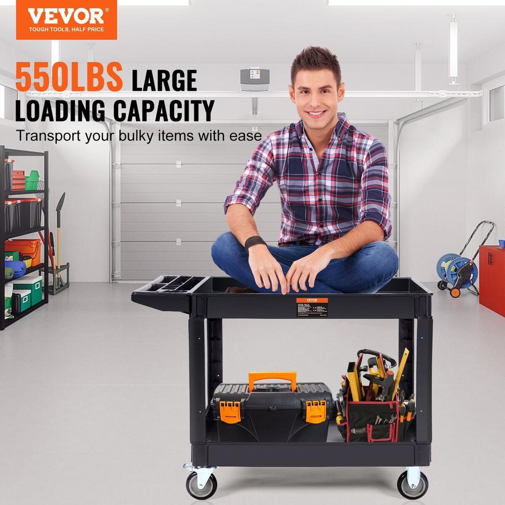 Utility Service Cart, 2 Shelf 550LBS Heavy Duty Plastic Rolling Utility Cart with 360° Swivel Wheels (2 with Brakes), Large Lipped Shelf, Ergonomic