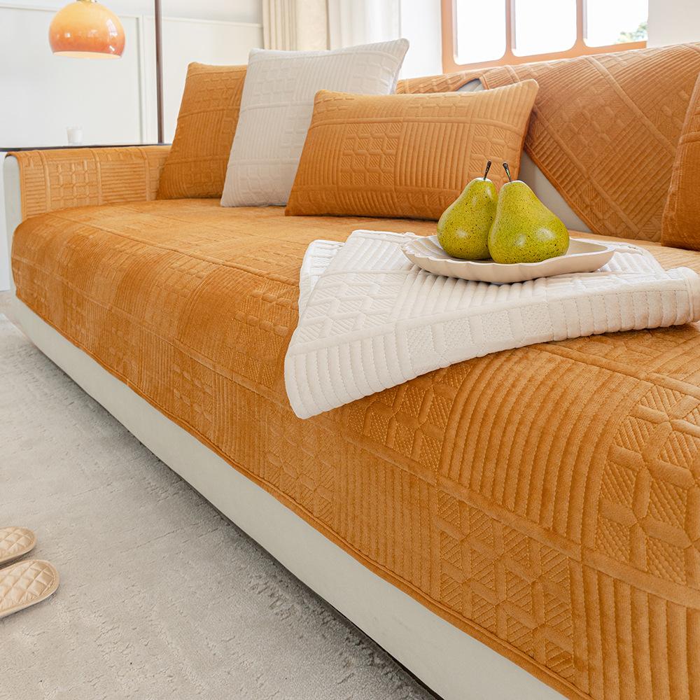 Nordic Simple Solid Color Modern Plush Sofa Cushion Four Seasons Universal Embroidery Non-Slip Seat Cushion Dutch Velvet Sofa Cover Towel