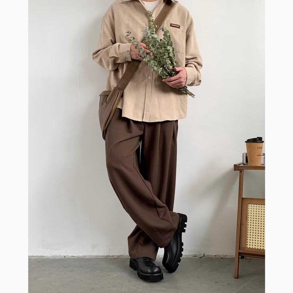 Men's Retro Brown Wide-Leg Sweatpants - Loose Straight Drape for Spring & Autumn
