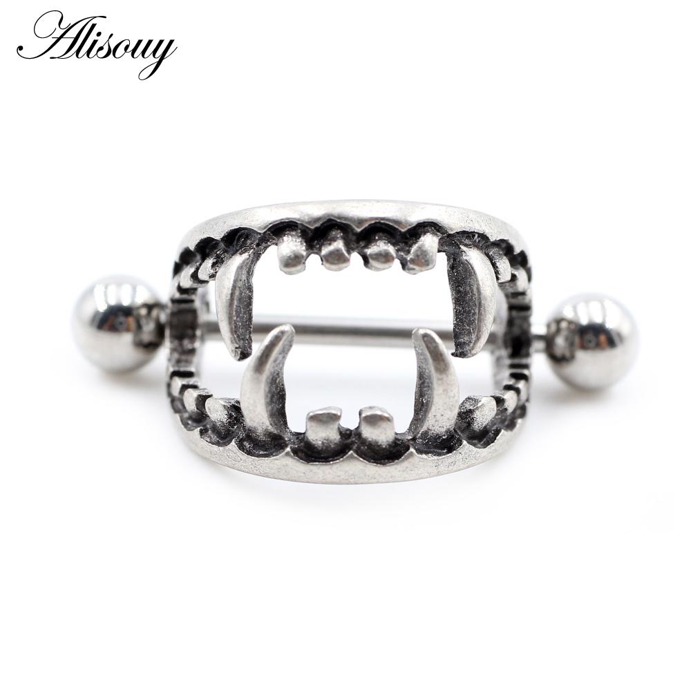Alisouy 2PCS нержавеющая сталь сплав сексуальные женщины девушка клыки зубы кольца щит штанга серьги пирсинг украшения для тела