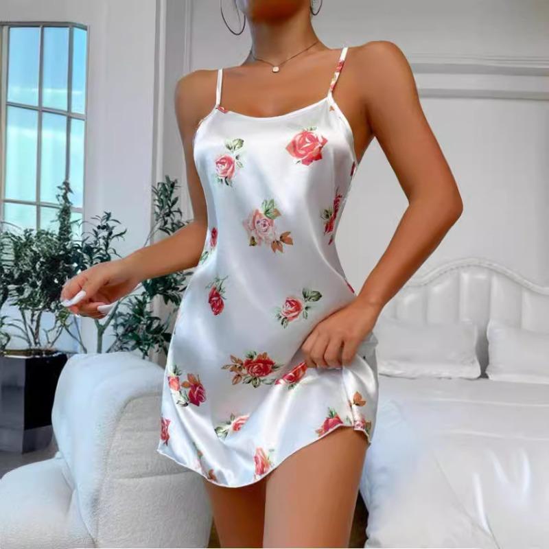 Women's Ice Silk Strap Sleeping Dress Sexy Backless Pajama Women's European American Style Thin Breathable Printed Strap Dress