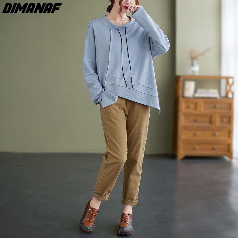 Dimanaf 2021 футболка, женская осенняя водолазка с длинным рукавом, хлопковые толстовки, корейская свободная одежда, белый топ с круглым вырезом, однотонные футболки