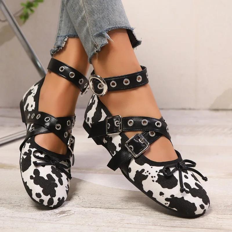 Fashion Luxury Designer Leopard Ballet Flats Women Fashion Metal Buckle Wide Strap Women Shoes Low Heel Mary Jane Shoe Zapatos De Mujer