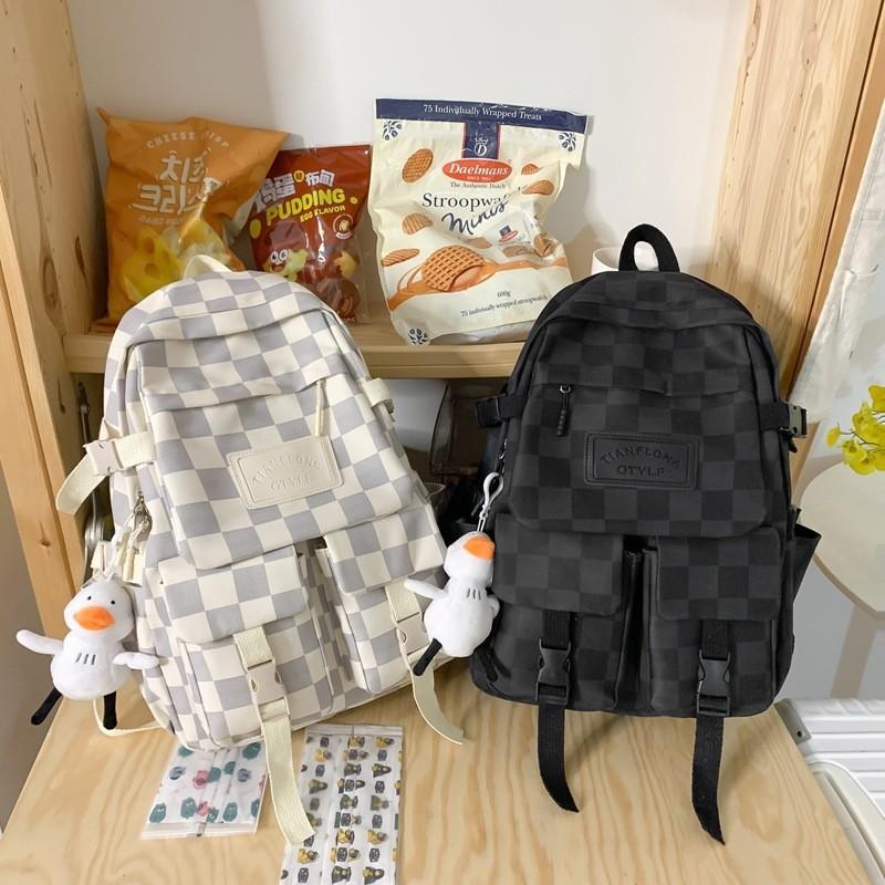 Academy Style Plaid Backpack For Women 2023 New Cross-border Middle School Student Bag Large Capacity Travel Double Shoulder Bag White
