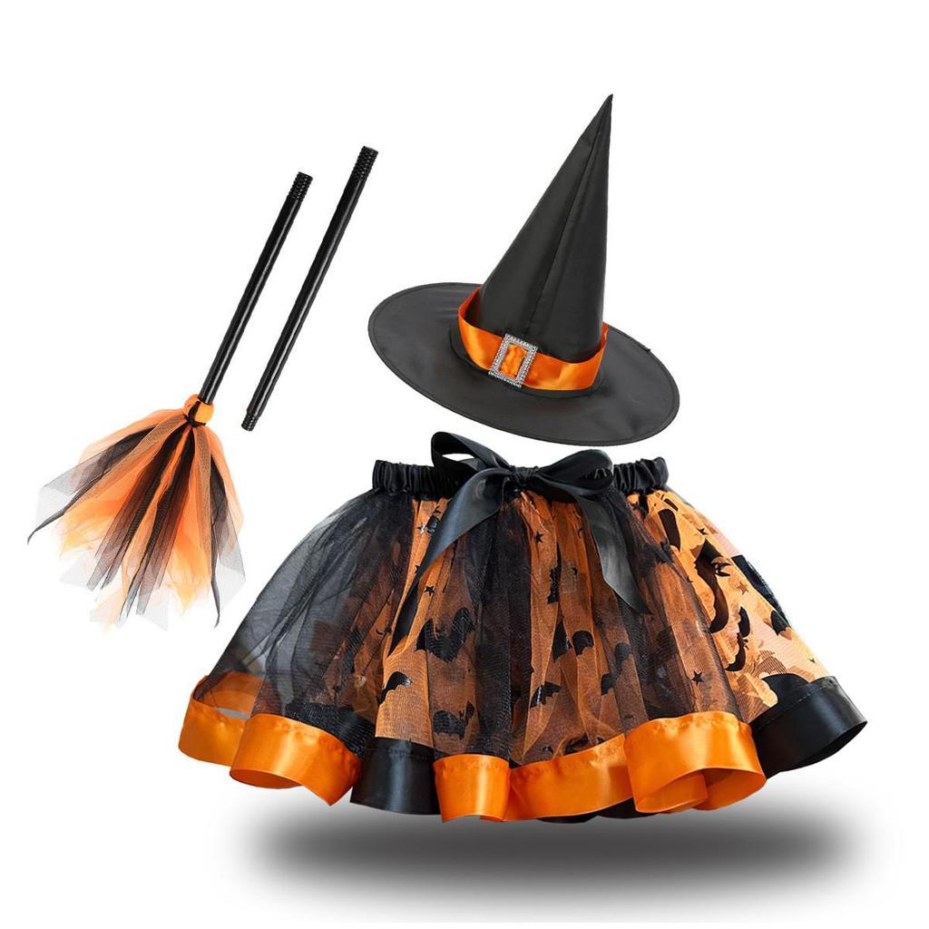 Girls' Halloween Tutu, Witch Hat & Broomstick Fluffy Skirt Set
