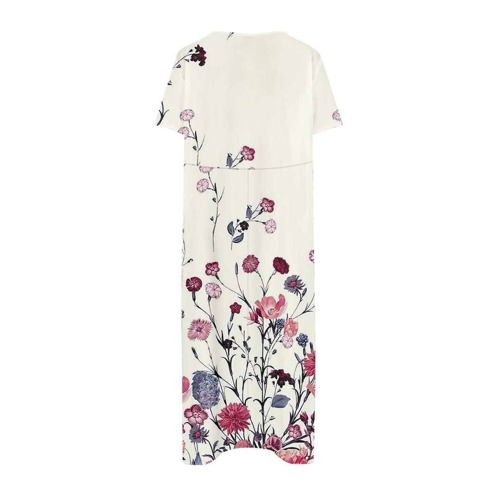 Women's Summer Casual Fashion Flower Printed Short Sleeve Round Neck Pocket Dress