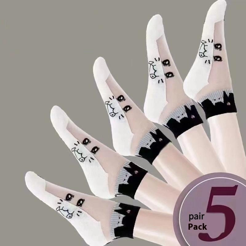 5 пар/лот Летние носки Черно-белый кот Стеклянный шелк Дышащие Женские носки Простые Короткие носки