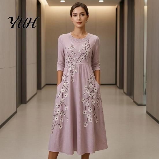 Elegant Daily Wear for Work Dating Autumn Floral Midi Dress Women, Long Sleeve Bohemian A Line Slimming Waist Cinching Dress, Vintage Waist-Cinching