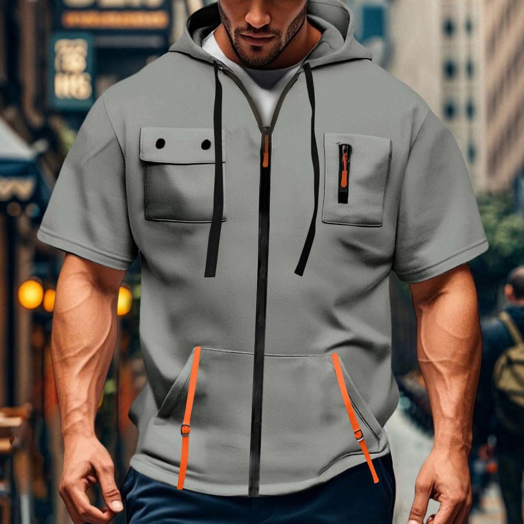 Men's Casual Short-sleeved Sweatshirt. Loose And Breathable Solid-color Sweatshirt Jacket With Multiple Pockets And A Zipper.