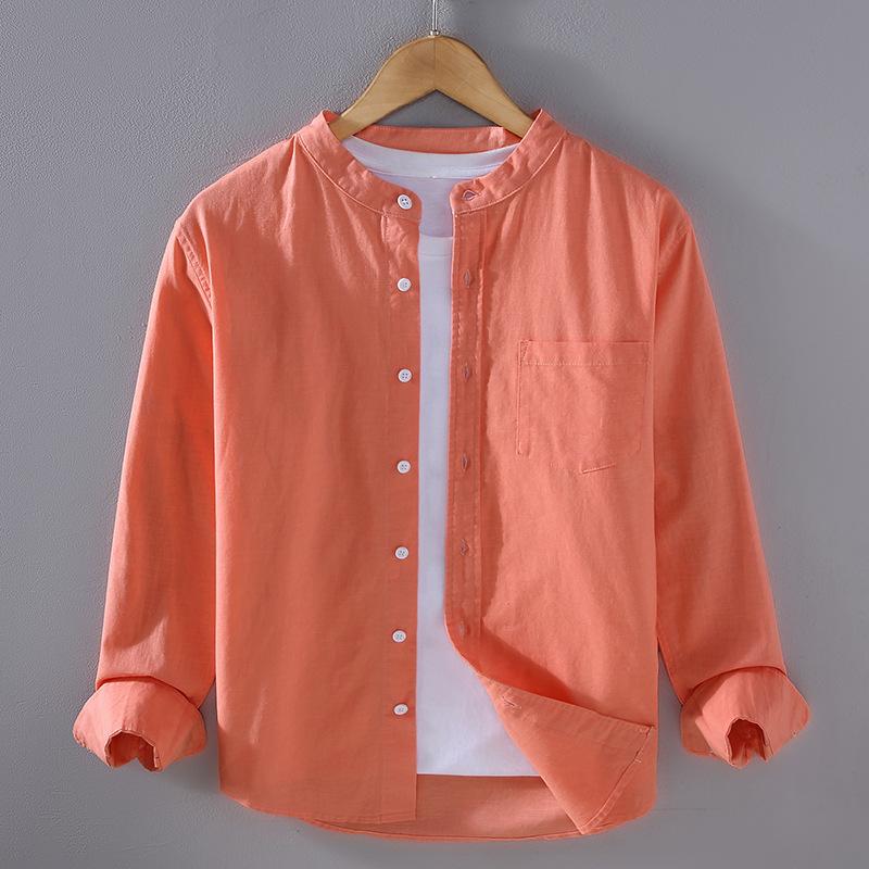 Мужская рубашка из хлопка и льна с длинным рукавом, китайским воротником-стойкой и карманом - простая, удобная повседневная куртка