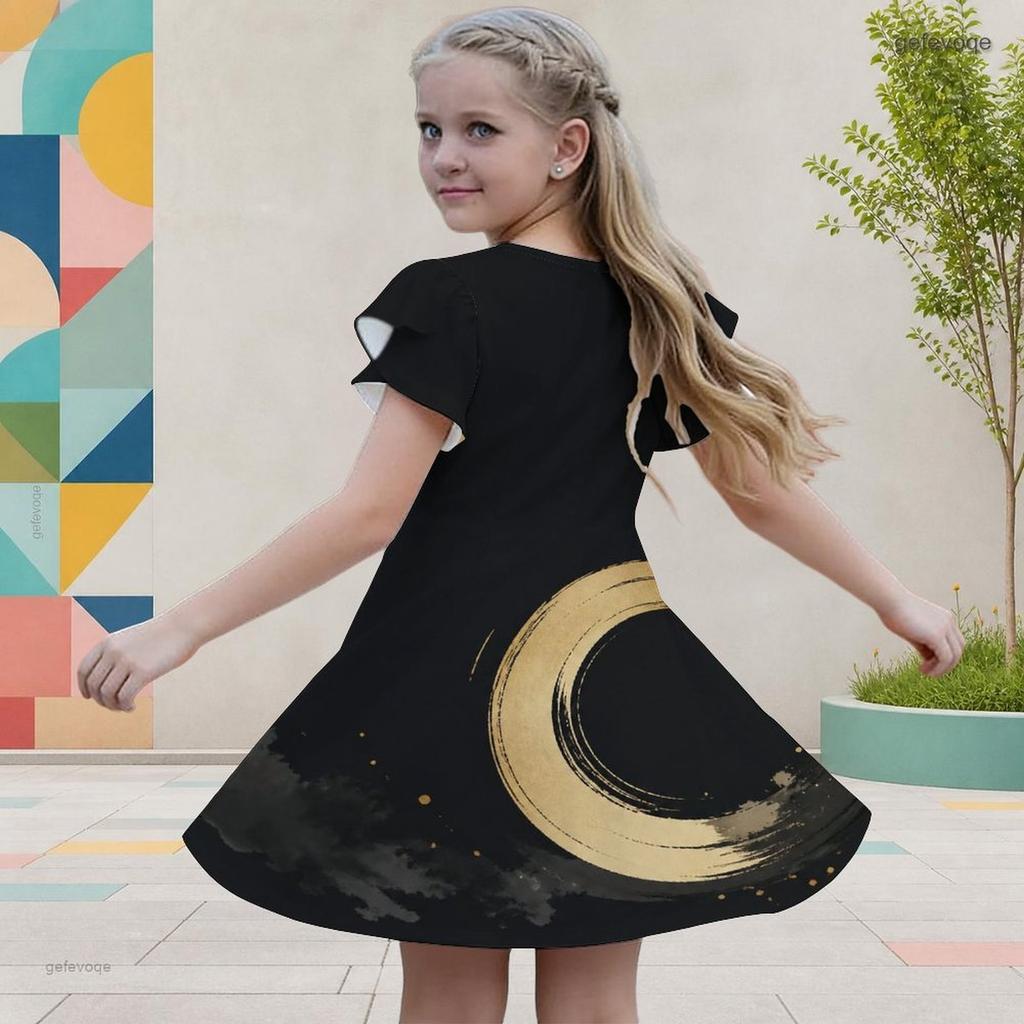 Girls Round Neck Flutter Sleeve American Flag Printed A Line Dress Black Red White