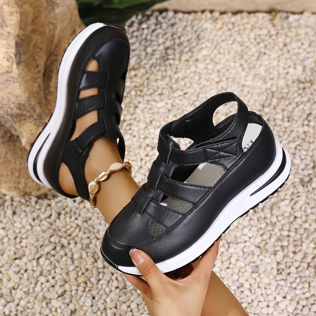 Large Size Hollow Sandals Wedge Heel Thick Sole Velcro Hollow Breathable Single Shoes Casual Women's Spot Cool Single Shoes