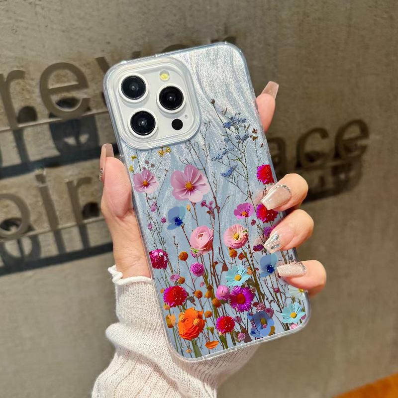Роскошный блестящий тонкий чехол с цветочным принтом для iPhone 16 15 Pro Max 14 Pro 13 12 11, глянцевый противоударный гибридный чехол из ТПУ и ПК, прозрачный чехол для телефона