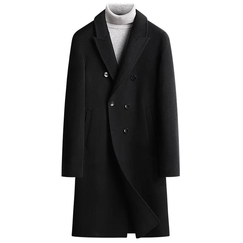 Men's Double-Sided Wool Trench, Black Woollen Outerwear, Long Overcoat, Double Breasted, Thick Black, Autumn, Winter