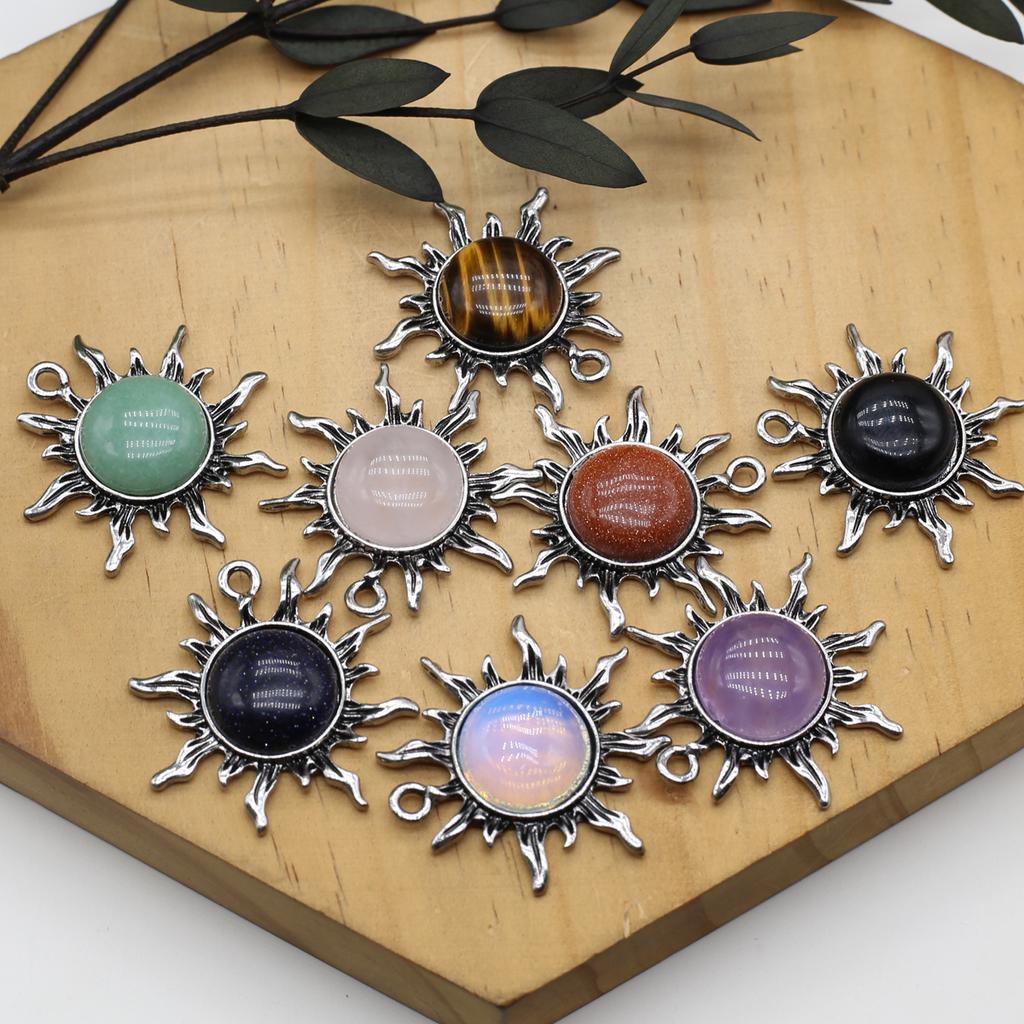 1 шт. модный кулон из натурального камня ручной работы в форме солнца кристалл розовый кварц зеленый авантюрин подвески для изготовления ювелирных изделий DIY аксессуары для ожерелья 35x40 мм