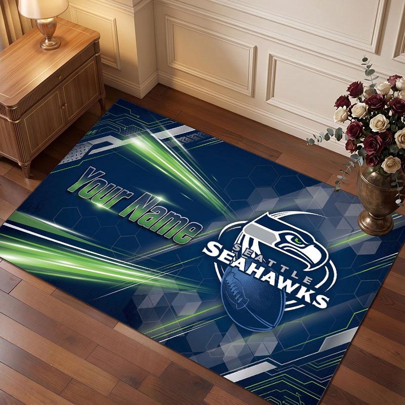 Seattle Seahawks Personalized Crystal Velvet Carpet, Customized Name Text Soft Anti‑Slip Rug for Living Room Bedroom