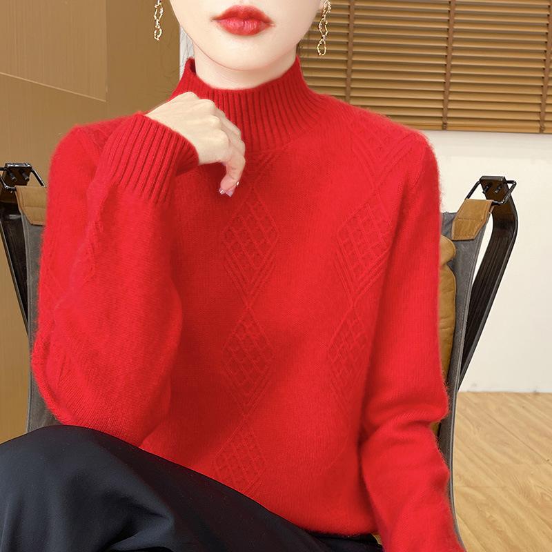 Ladies' Diamond Pattern High Neck Wool Knit Sweater - Thickened for Autumn/Winter