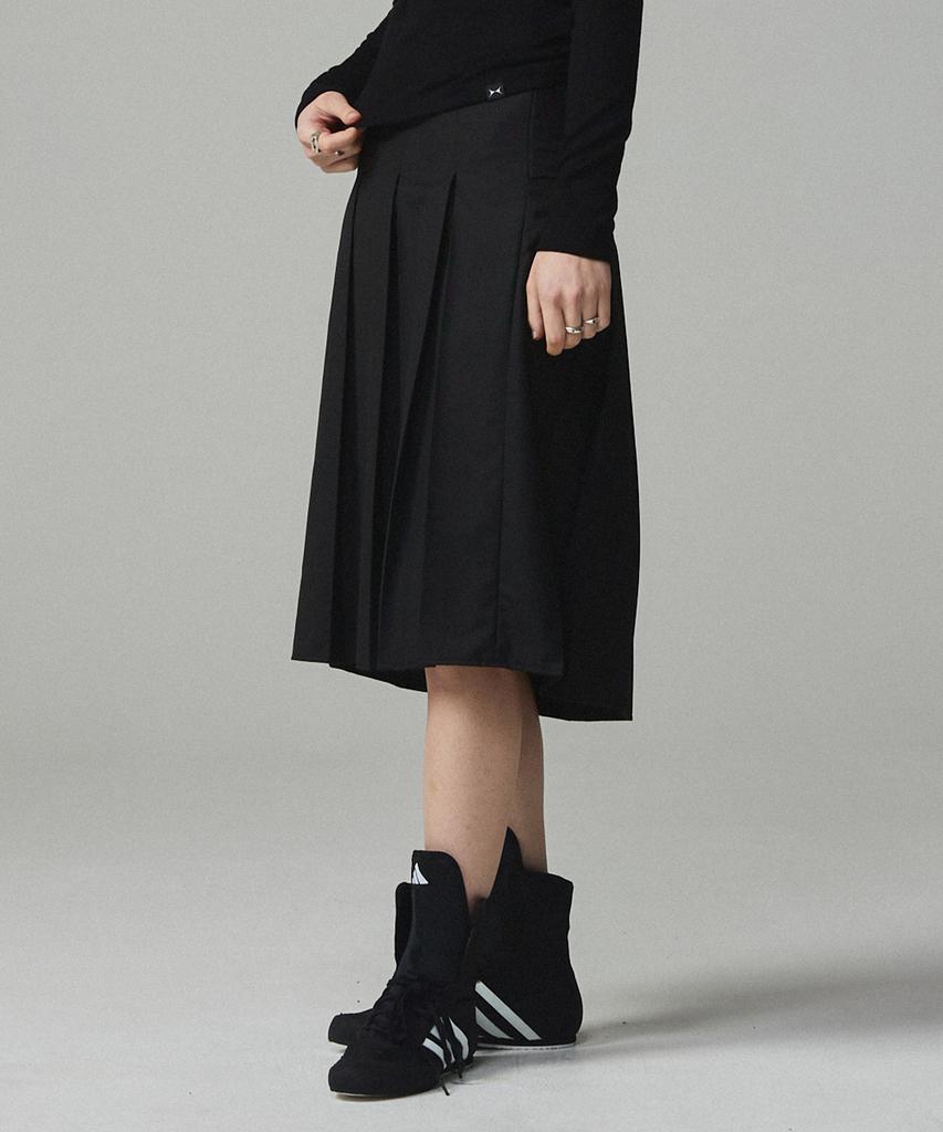 Kitty Pottery Symbol Embroidered Pleated Long Skirt Black