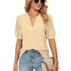 Summer Casual V-neck Solid Color Hollow Bubble Sleeve Loose T-shirt Top for Women Shirt