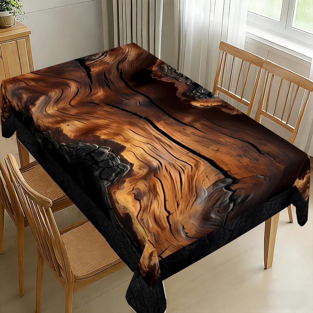 1 piece of summer industrial retro-style imitation firewood grain printed tablecloth, with a dark brown-black aged finish.zyc
