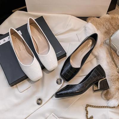 Новые туфли для женщин, кожаные туфли-лодочки, новые туфли на толстом каблуке OL, повседневные туфли на высоком каблуке, туфли для девочек с лаконичным узором из камня